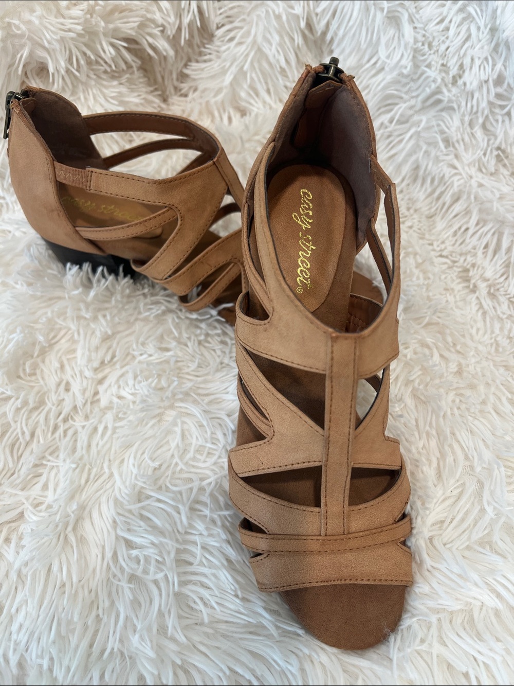 Easy Street Tan Strappy Peep-Toe Heels